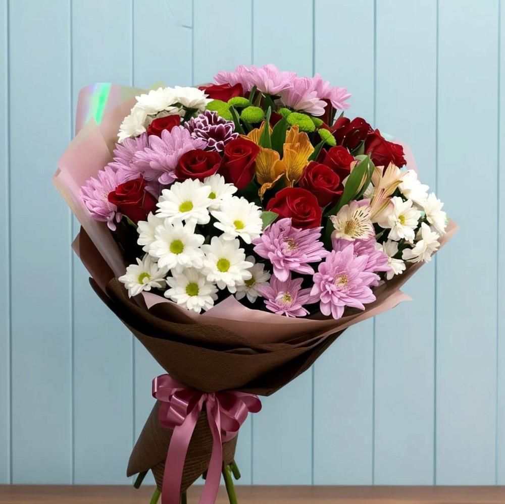 Букет цветов из: Розы, Хризантемы и Альстромерии в Летуново