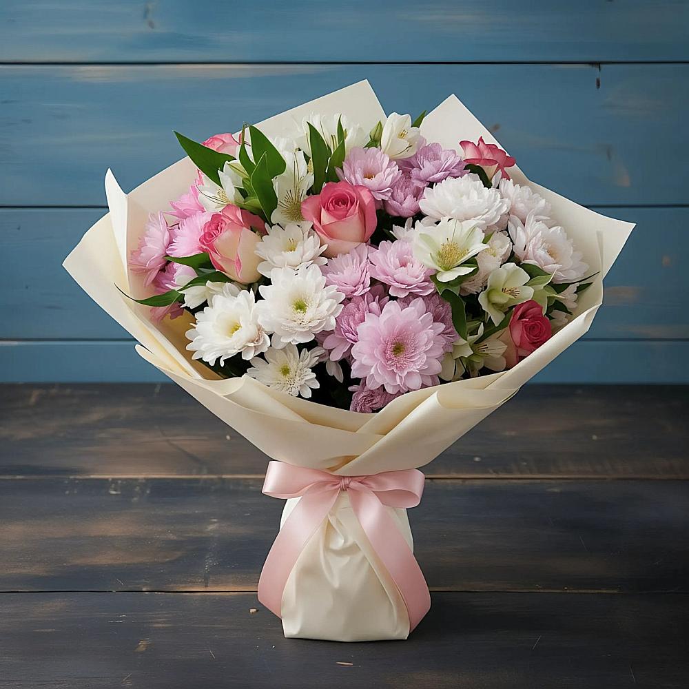 Букет цветов из: Хризантемы, Альстромерии и Розы в Летуново